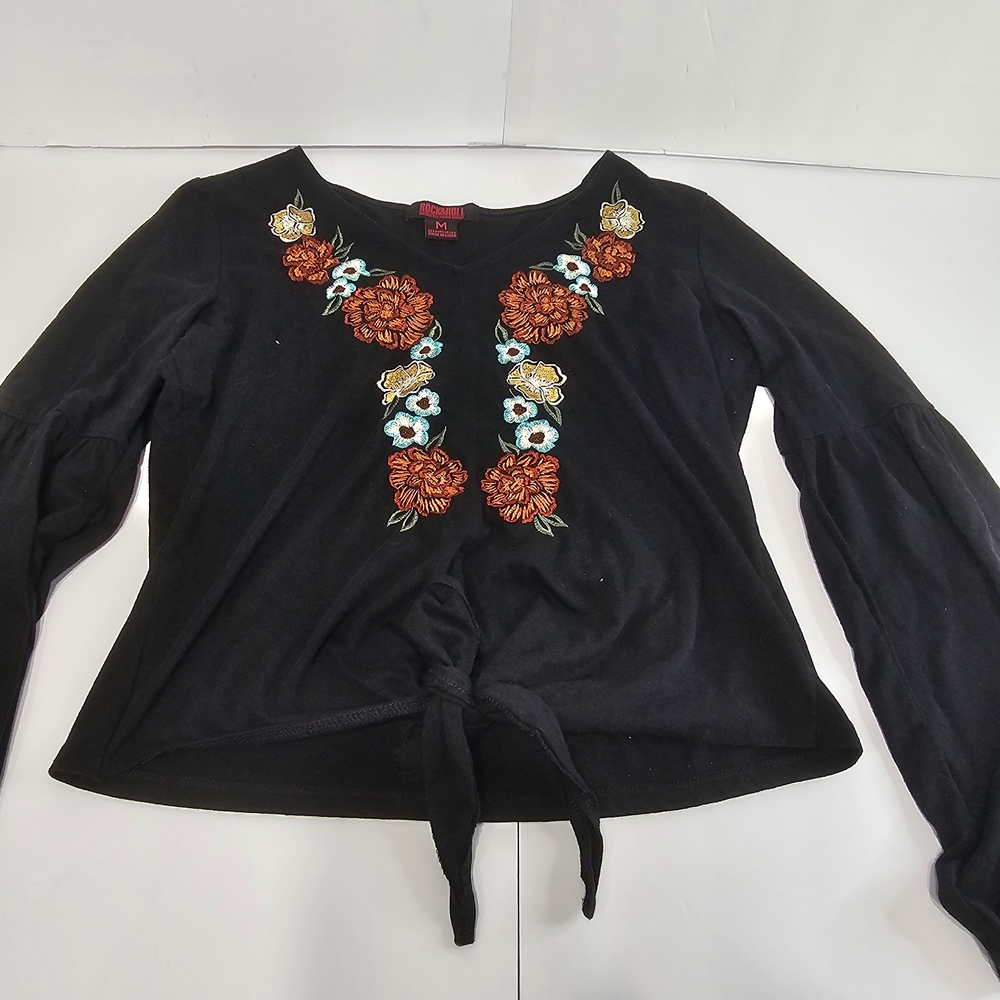 Rock & Roll Denim Chic Black Blouse with Bohemian Embroidered Floral Size M - Picture 12 of 15
